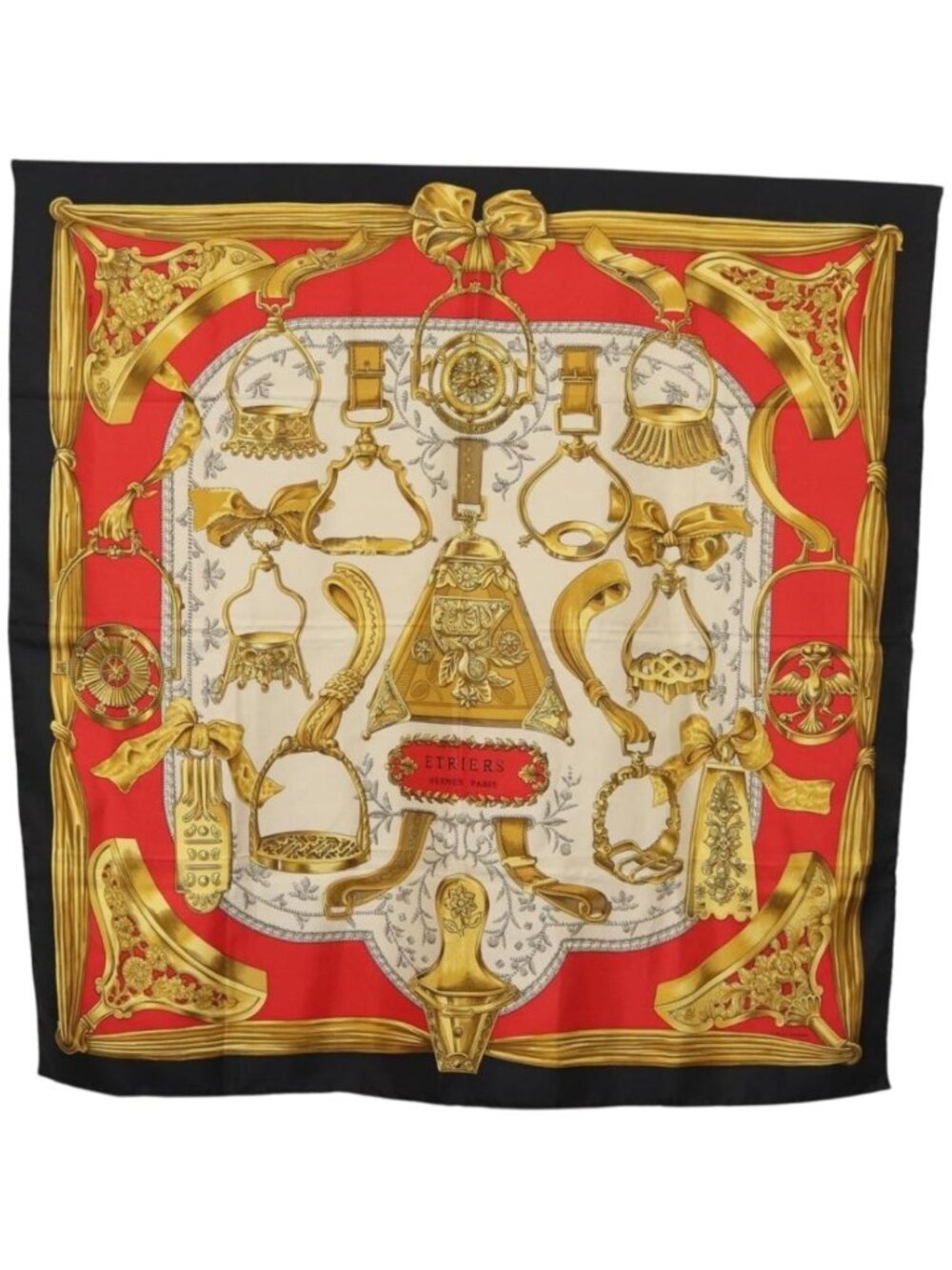 HERMES Carre 90 Scarf ""ETRIERS"" Silk Gold